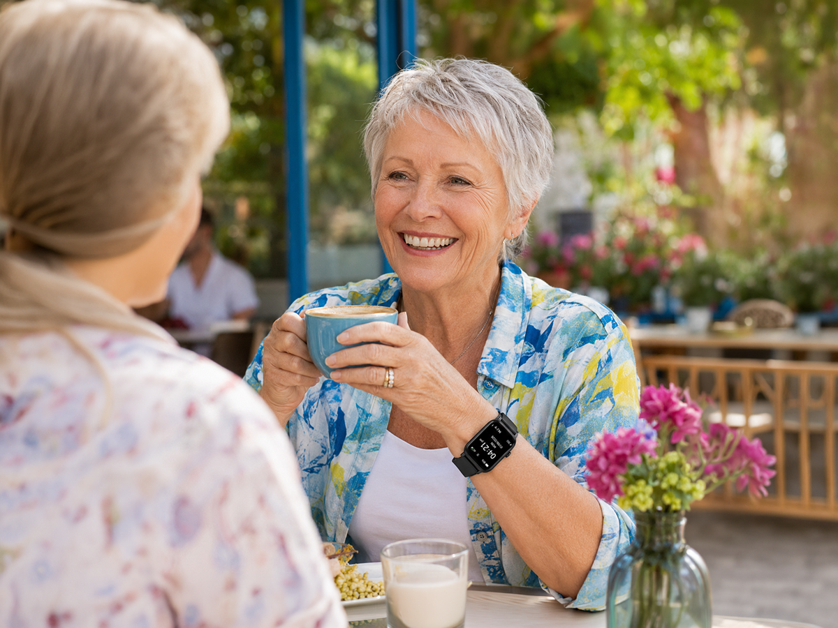 Woman wearing VitalALERT™ smartwatch while enjoying coffee with a friend