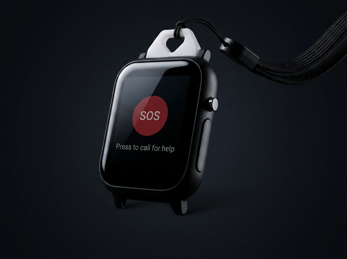 VitalALERT smartwatch SOS screen on lanyard